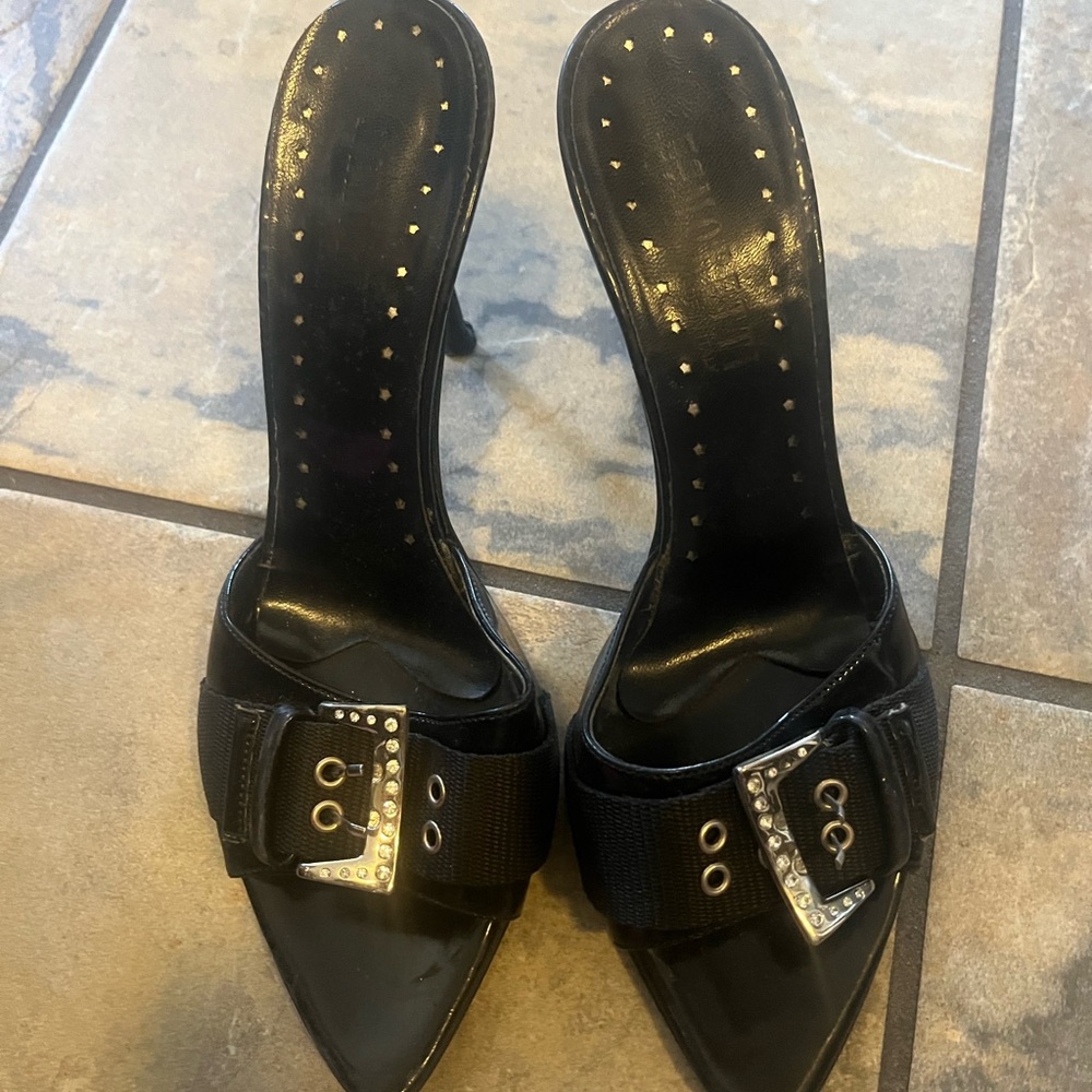 Black Leather Mules with Kitten Heel and Stud Accents